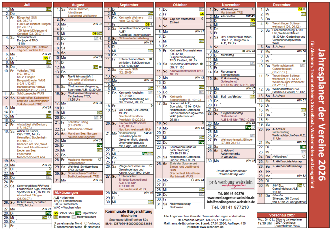 Jahersplaner der Vereine Juli - Dezember 2026